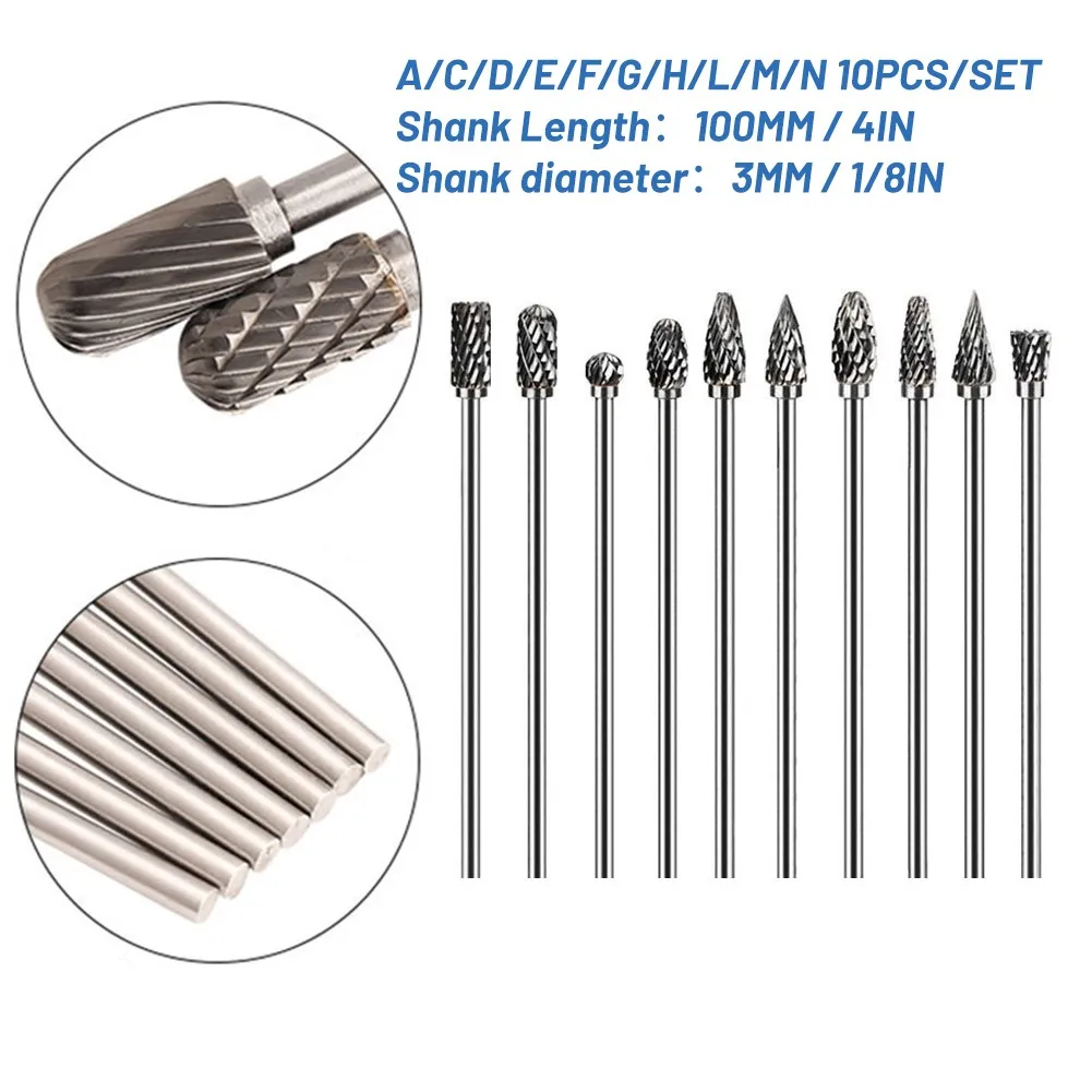 

//10Pcs100m Long Reach Rotary Burr Double Cut Tungsten Carbide Bit 3mm Shank Carbide Rotary Burr Set./////