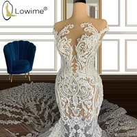 Sexy See Through Mermaid Lace Wedding Dresses Illusion O Neck Chapel Train Luxury Pearls Bridal Gowns Custom Made