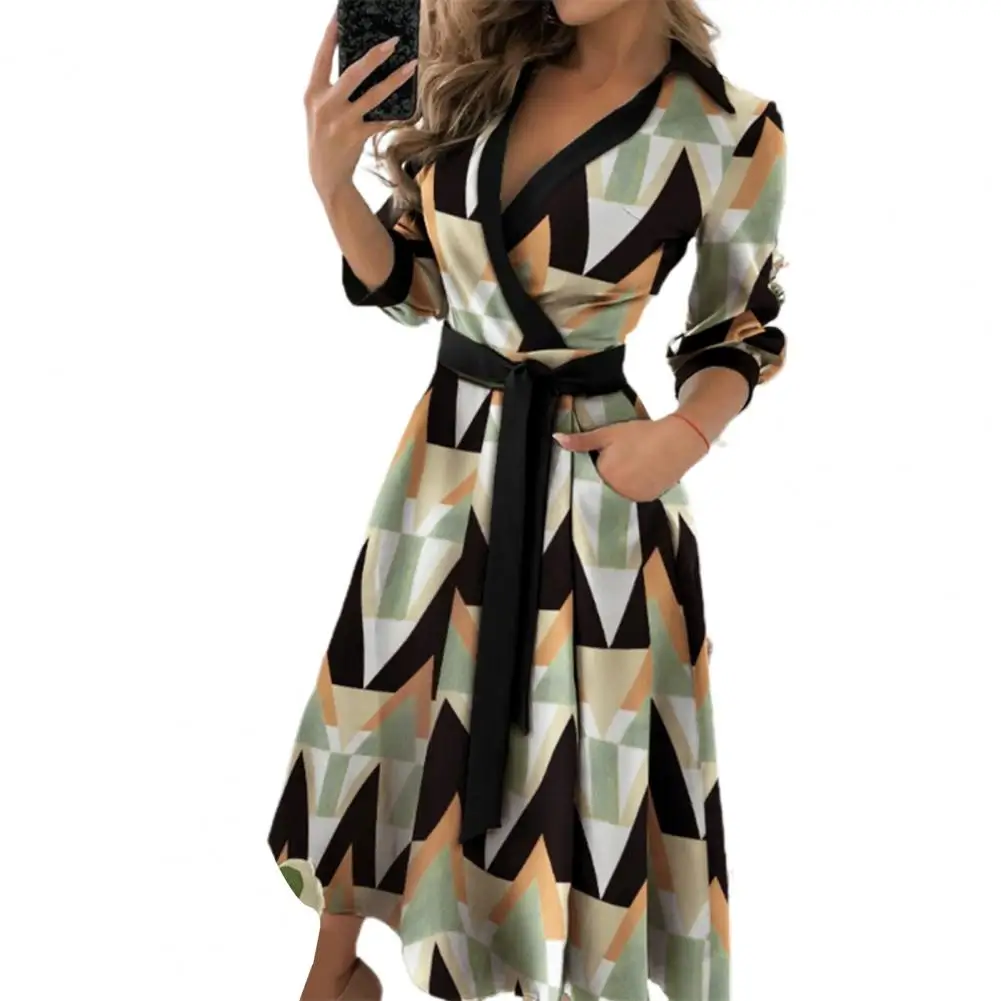 

80%HOT Women Dress Long Sleeve Large Hem Deep V Neck Solid Color Printed Belt Dress Streetwear for Spring/Summer