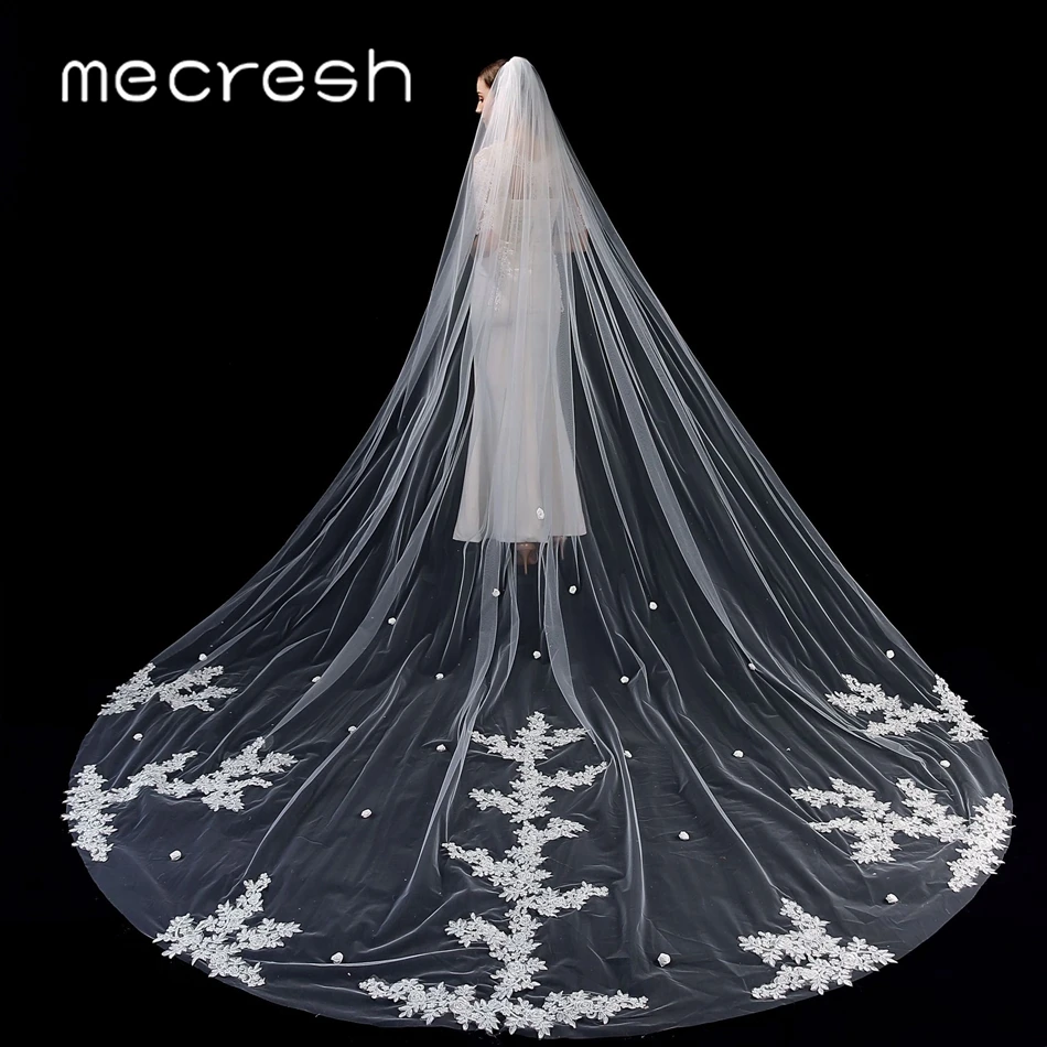 Фата Mecresh Свадебная Однослойная с гребнем Длинная аппликацией кружевная цветами