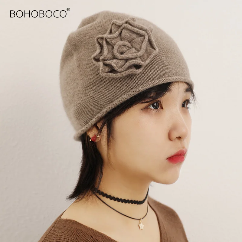 

2021 Popular Slouchy Cap Women Baggy Winter Warm Crochet Wool Knit Cap Hat Trendy Personality Cashmere plain knitted curled rose