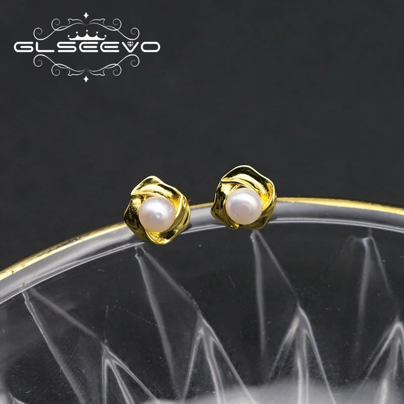 Glseevo Natural Freshwater Pearl Women For Stud Earrings 925 Sterling Sliver Flower Small Earrings Fashion Jewelry 2021