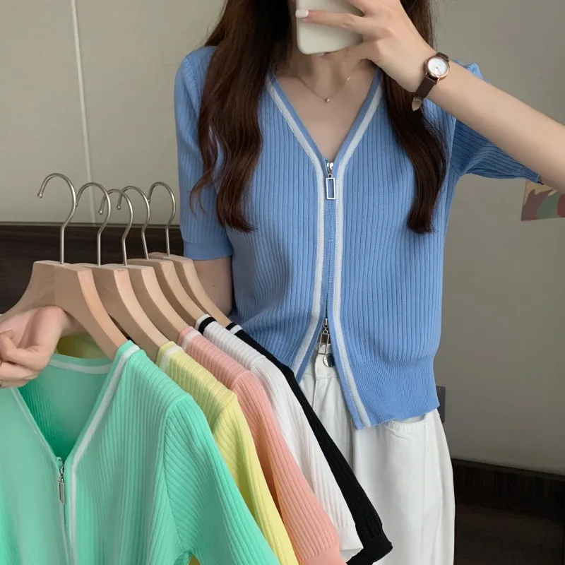 

Summer V-neck color matching double zipper short knit cardigan women's slim short-sleeved jacket tops tide dress for women