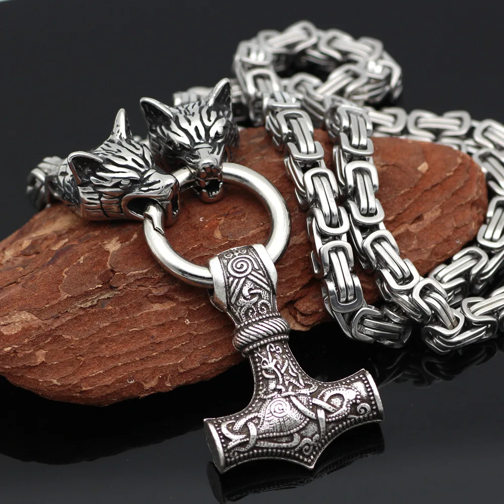 

Nordic Celtic Wolf Men's Necklace Viking Thor's Hammer Pendant Stainless Steel Emperor Chain Necklace Viking Rune Jewelry