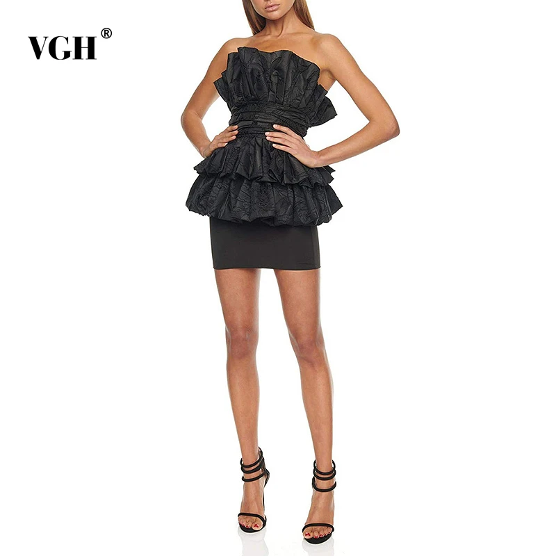 Женский вечерний комплект из двух предметов VGH Черный Топ без бретелек с оборками