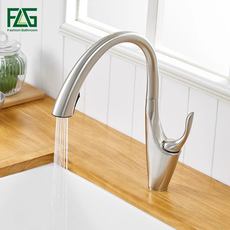 

FLG Pull Out Kitchen Faucets Single Handle Kitchen Sink Tap 360 Rotation Brass faucet Brushed Nickel kitchen mixer 1066-33N