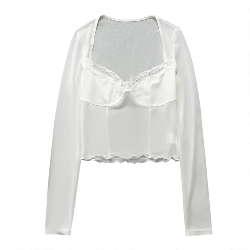 

Summer New Temperament Lace Stitching Mesh Perspective Long Sleeve Blouse