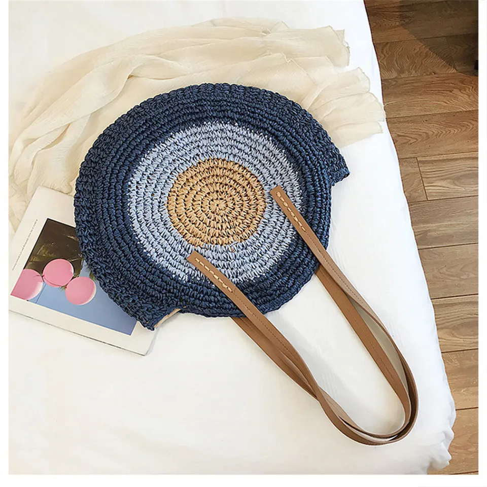 blue REALPERKY женские летние круглые соломенные сумки женские ручные тканые круглые пляжные сумки из ротанга Женская богемная сумочка в стиле Бали через плечо - Цвет: blue