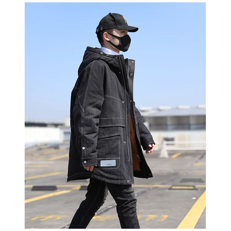 Men's Down Jacket Youth Tops Mid Length Fashion Loose Thickened Hooded Denim Jacket Overcoat Parker Handsome Jackets Warm Coat