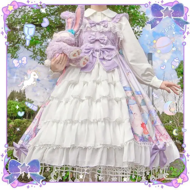 

Japanese Girl Kawaii Lolita Party Cat Sleeveless JSK Dress Layered Ruffles Bow Princess Bowknot Tutu Dress