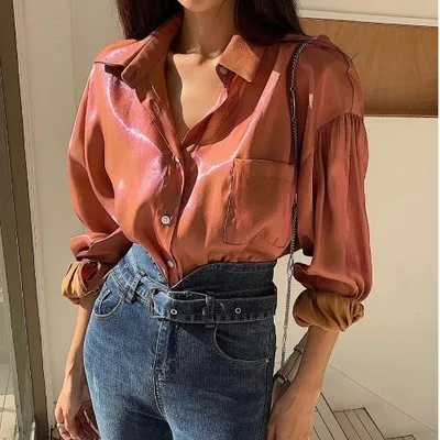 

HStar 2020 spring Reflective Loose Vintage Fashion Solid Thin Tops Retro Free Elegant Women Casual Shirts 3 Colors