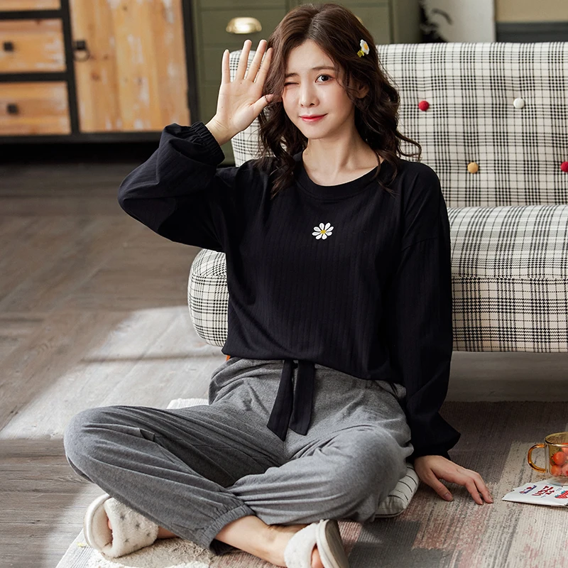 Пижама женская хлопковая с длинным рукавом и принтом маргариток 2 шт. | Женская