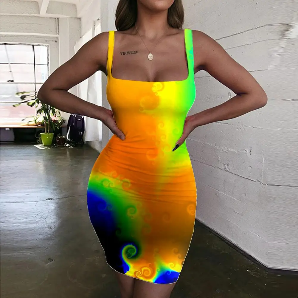 

Giyu Brand Colorful Dress Women Abstract 3d Print Painting Halter Sleeveless Art Vestido Sexy Womens Clothing Plus Size Short