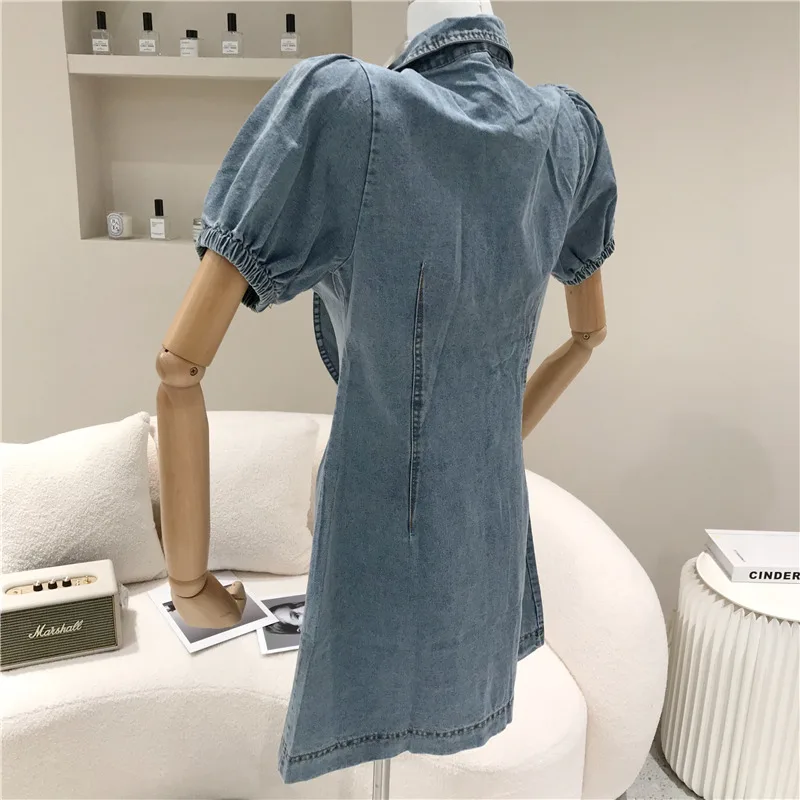 

Women's Spring Summer 2021 Fashion Bubble sleeve denim dress temperament bow show thin Dress