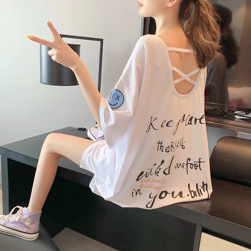 

2021 Summer Backless Loose Short-Sleeved Ladies T-shirt Women Mid-Length Ins Korean Style Black Tops New Fashion V-neck Tees