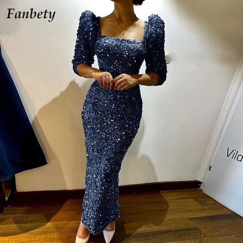 

Women 2022 Spring Sexy Puff Shoulder Shiny Party Dress Elegant Square Collar Slim Bodycon Dress Lady Autumn Long Sleeve Dress