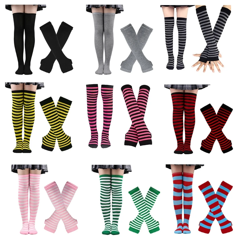 

CPDD Striped Knee Socks Gloves Set Stretchy Fingerless Arm Sleeve Thumb Hole Gloves High Stockings for Cosplay Christmas