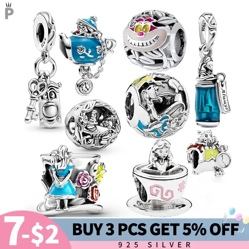 

NEW 925 Sterling Silver Beads Alice in Wonderland Cheshire Fit Original Charms Bracelet DIY Jewelry for Women Pendant Girl Gift