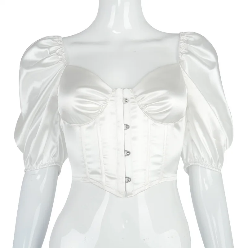 

Summer New Sexy Steel Button Fishbone Waist Slim Short Sleeve Solid Color Top Women's Wear