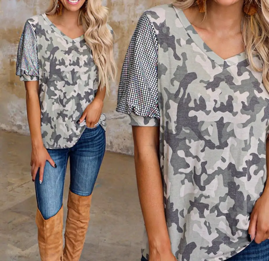 

Casual Women's T-shirt Camouflage Plaid Sleeve Short Sleeve V-Neck Summer Tee Women Clothing Female T-shirts