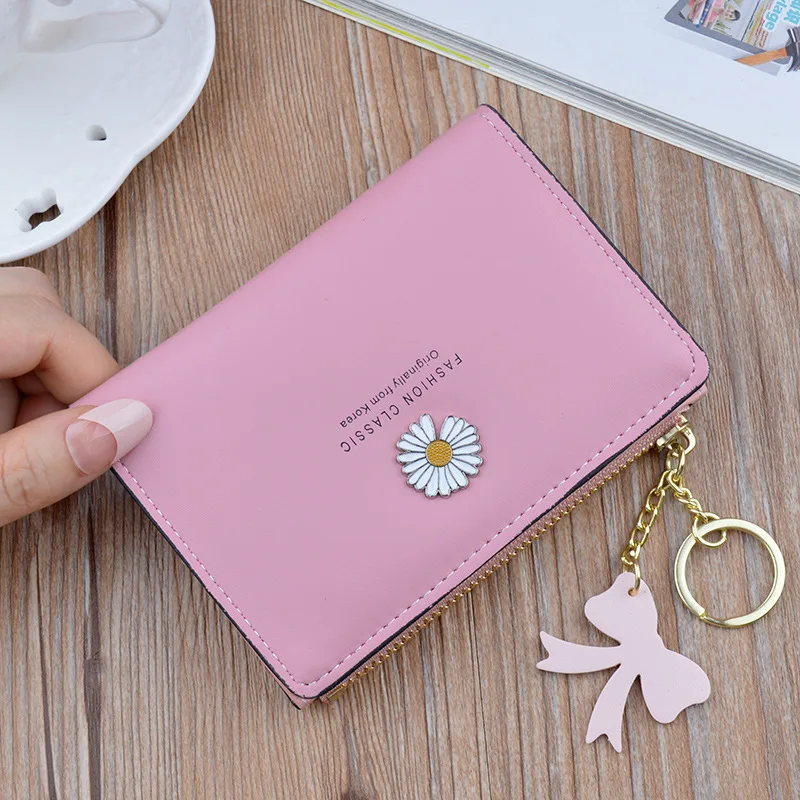 

New Style Small Chrysanthemum Wallet Women's Short Side Zipper Change Two Foldable Et Simple Soft Leather Wallet Korean-style Wa