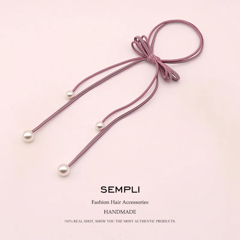 Sempli 6 Colors Nylon Strong Elastic Hair Bands For Women's Pearl Tassel Headwear Girls Kids Accessories Satin Scrunchies |
