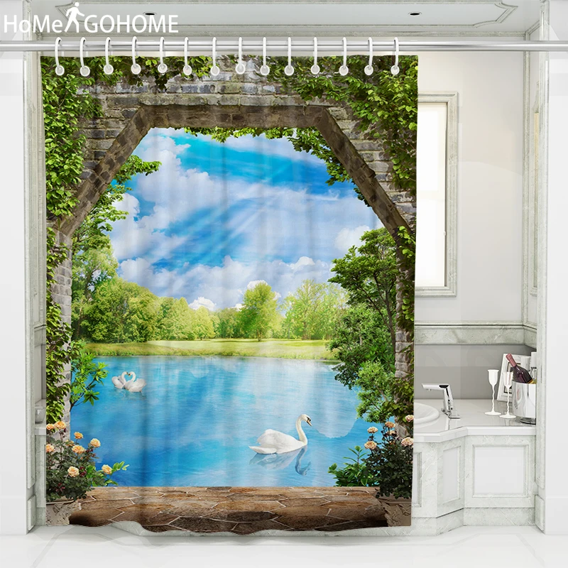 Растительная стена занавеска для душа 3D речная утка голубое небо Солнечный
