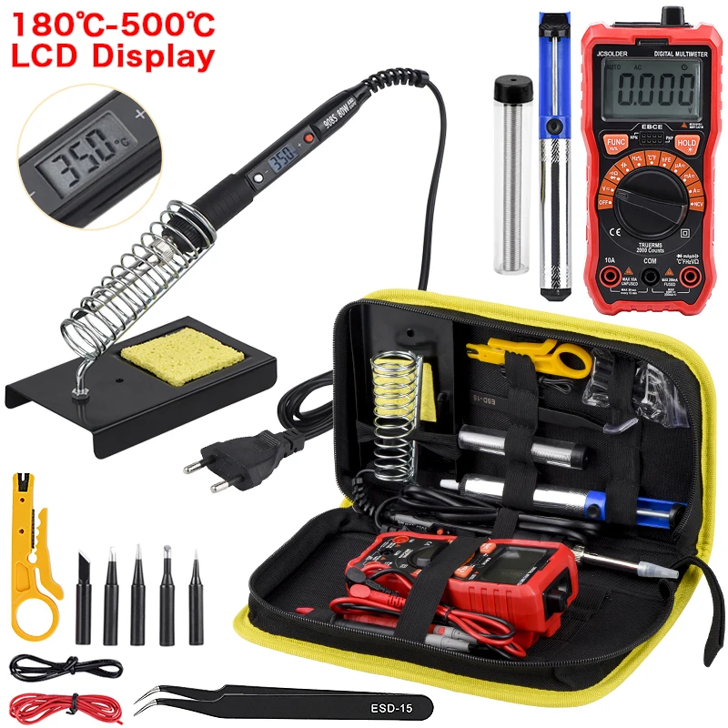 

JCD soldering iron kit with Digital multimeter 6000 counts Auto Ranging AC/DC voltage meter Flash light solder iron welding tool