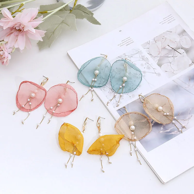 Богемные Многослойные висячие серьги из розовой сетчатой пряжи с цветами для