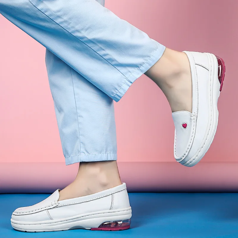 Thick Sole Genuine Leather Shoes Woman Flats Loafers Big Size 41 Casual Shoes Slip on Flat White Shoes for Women Nurse Shoe