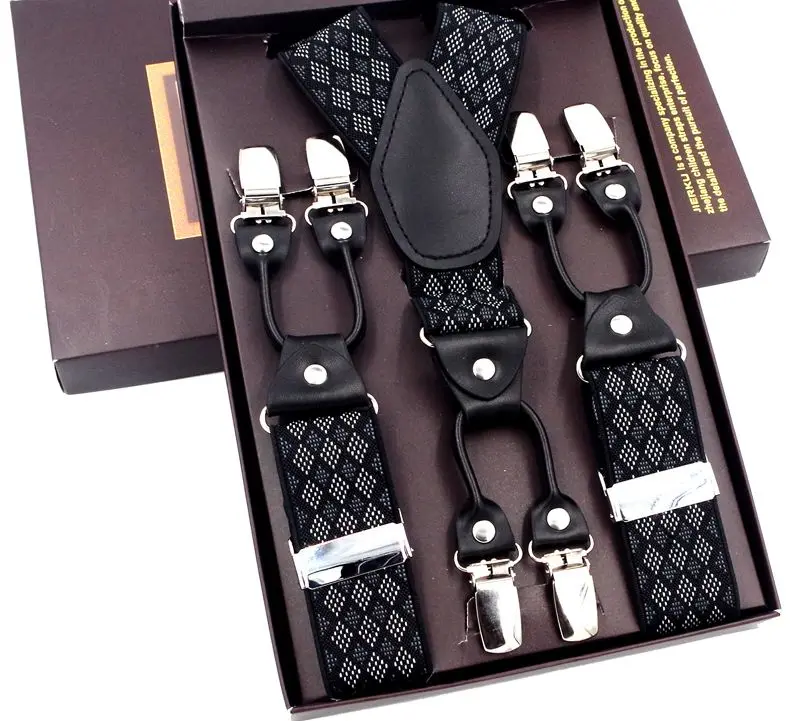 

Fashion Suspenders Black leather 6 Clips Braces Vintage Casual Suspensorio Tirante Trousers Strap bretele Father/Husband's Gift