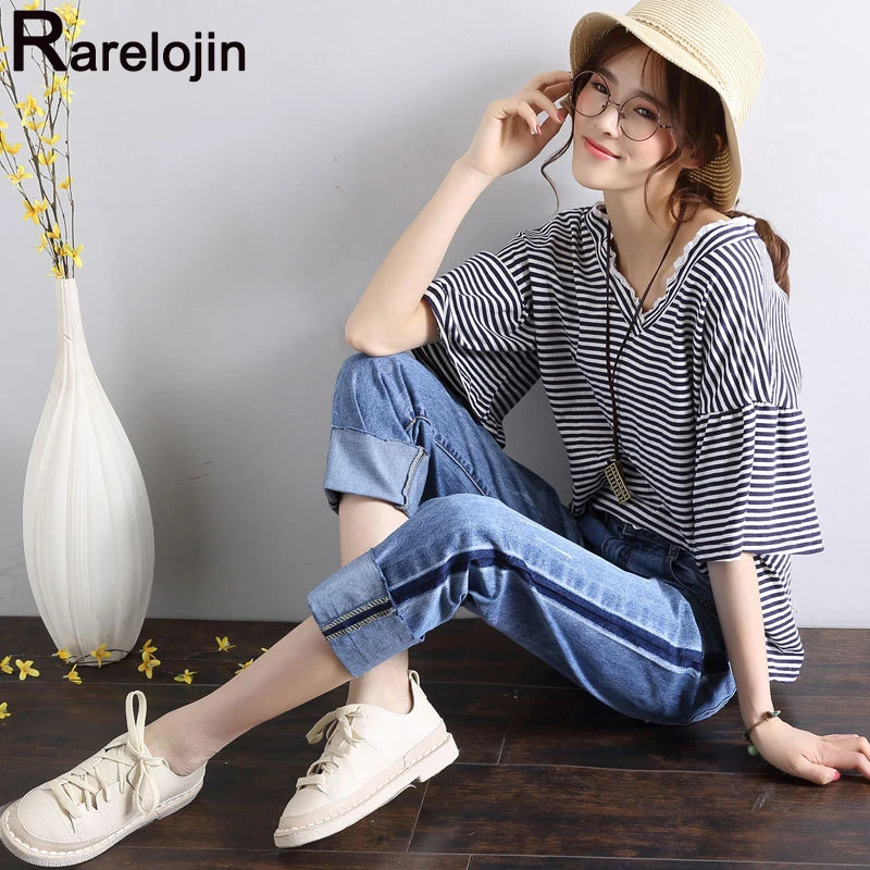 Женские джинсы с завышенной талией свободные в Корейском стиле широкими