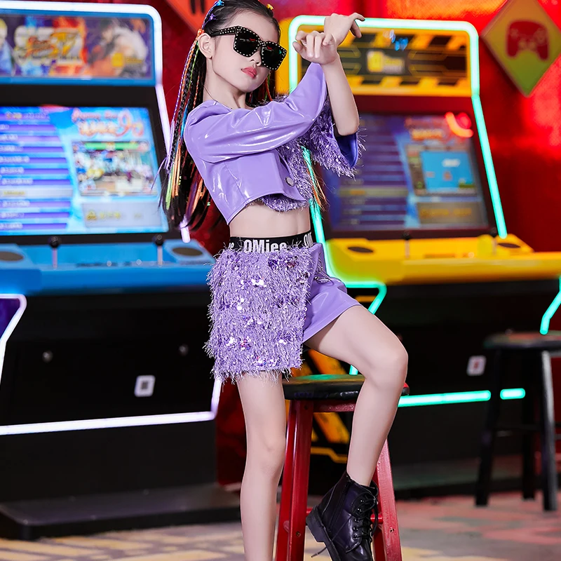 2021 новый детский костюм для танцев в стиле хип-хоп фиолетовый комплект кисточка