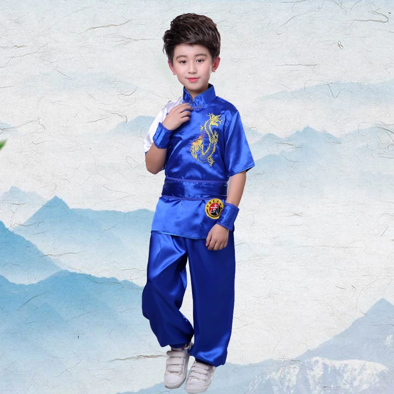 Blue Short Set Традиционная китайская одежда для мужчин Дети Вышивка Дракон Униформа кунг-фу восточные дети Тай Чи у Шу Шао Лин костюмы - Цвет: Blue Short Set