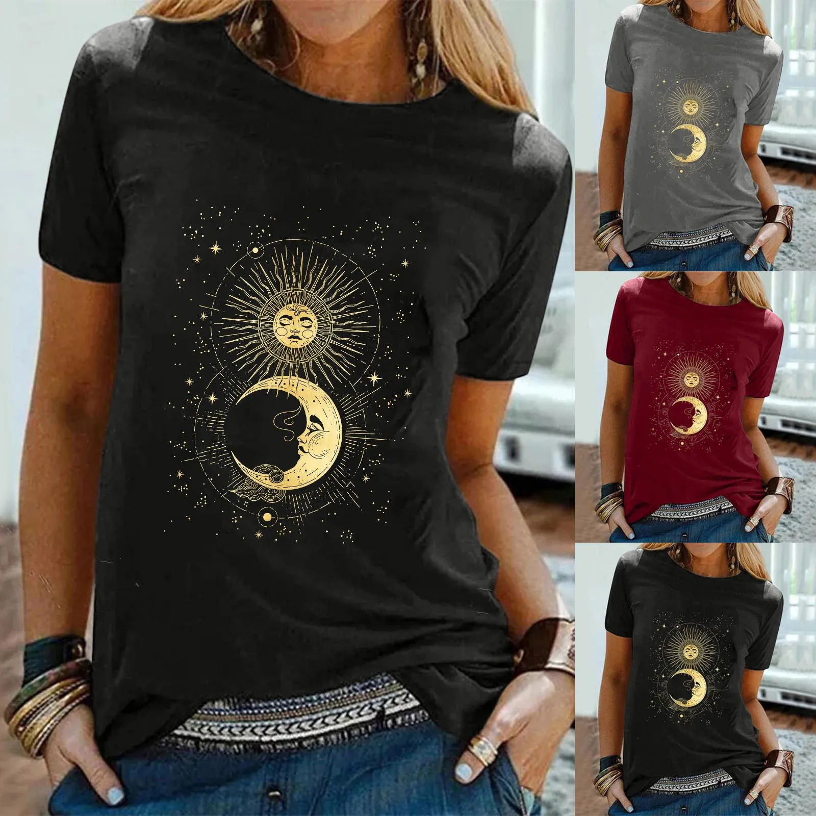

SAGACE Ladies Fashion Casual T-shirt, Sun And Moon Printed Cotton Top With Round Neck And Short Sleeves футболка 2021