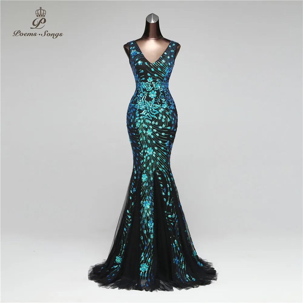 Poems Songs New Double-V Mermaid Evening Dress prom gowns Formal Party dress vestido de festa Elegant Vintage robe longue
