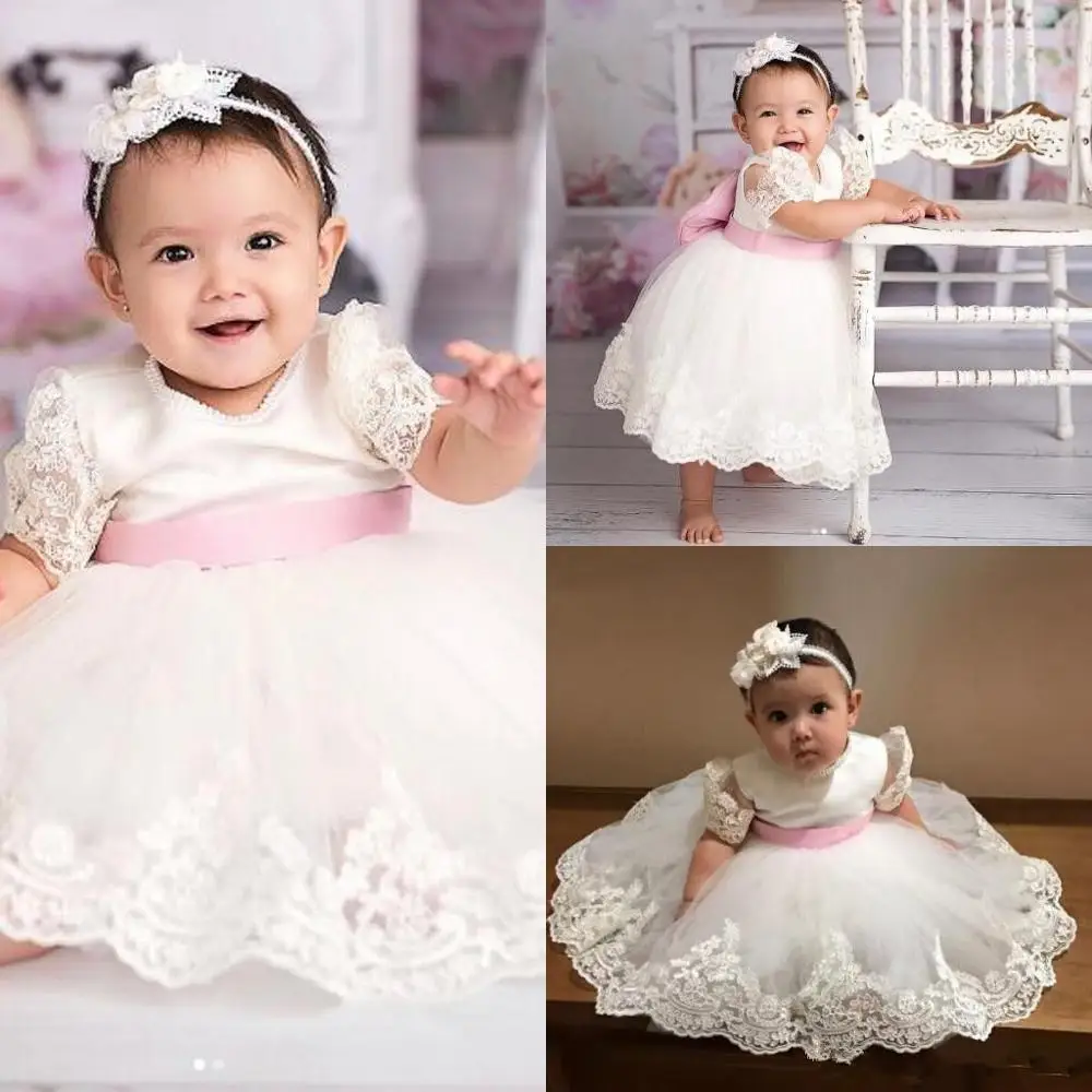 

Cute Baby Mid Calf Length Christening Dress Lace Short Sleeves Kids Birthday Baptism Ball Gown Toddler First Communication Dress