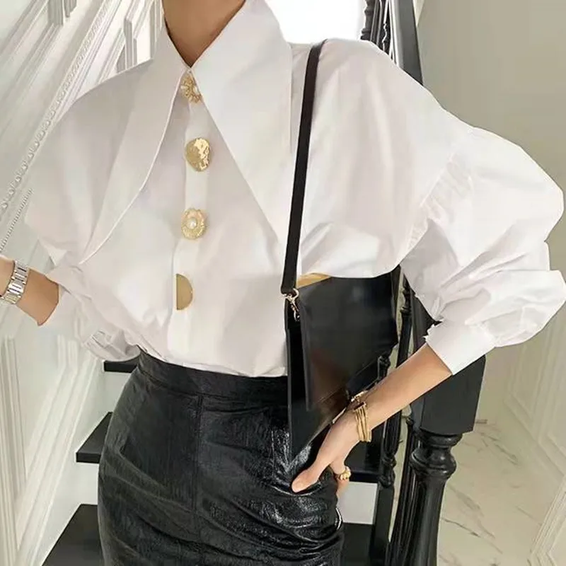 

Chic Chic Spring Elegant Temperament Pointy Collar Chic Single Row Buttons Loose Lantern Sleeve Shirt Blouse Women