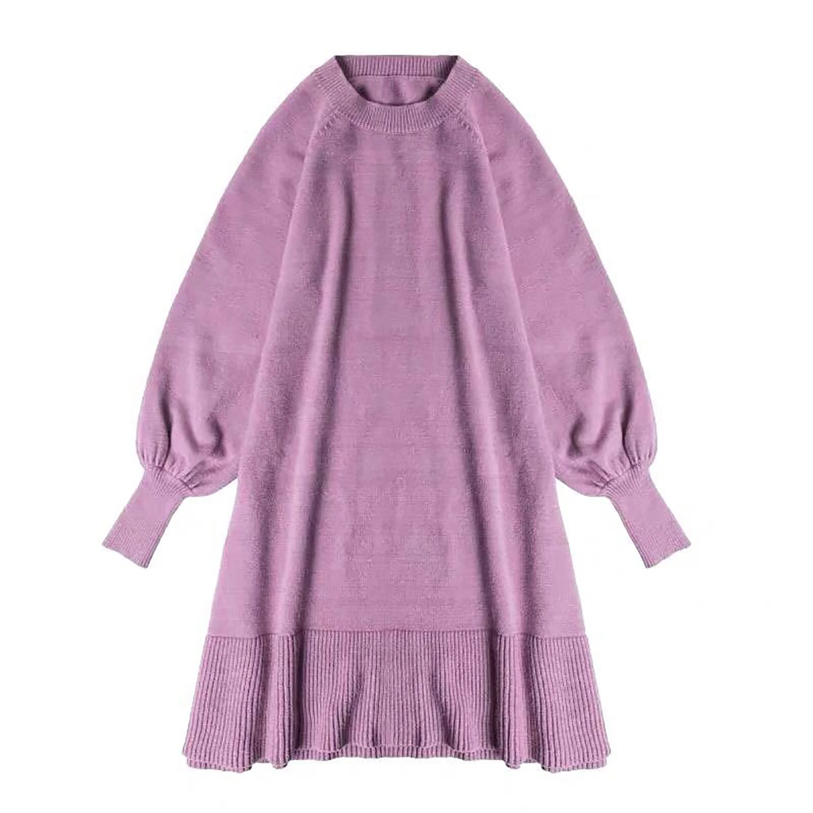 

Ladies Autumn And Winter Long-Sleeved Swearter Dress Women Solid Color Long Puff Sleeve Large Hem Knee-length Dress