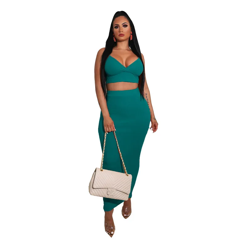 

Sleeveless Two Piece Sets V-Neck Crop Top Knitted Long Skirt Split Party Women Sexy Suit Club Bodycon 2 Pieces Outfits M0383