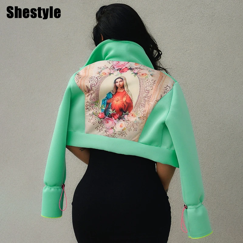 

Куртка Shestyle женская с отложным воротником и рисунком, короткий жакет из материала с длинными рукавами и кулиской на пуговицах, осень