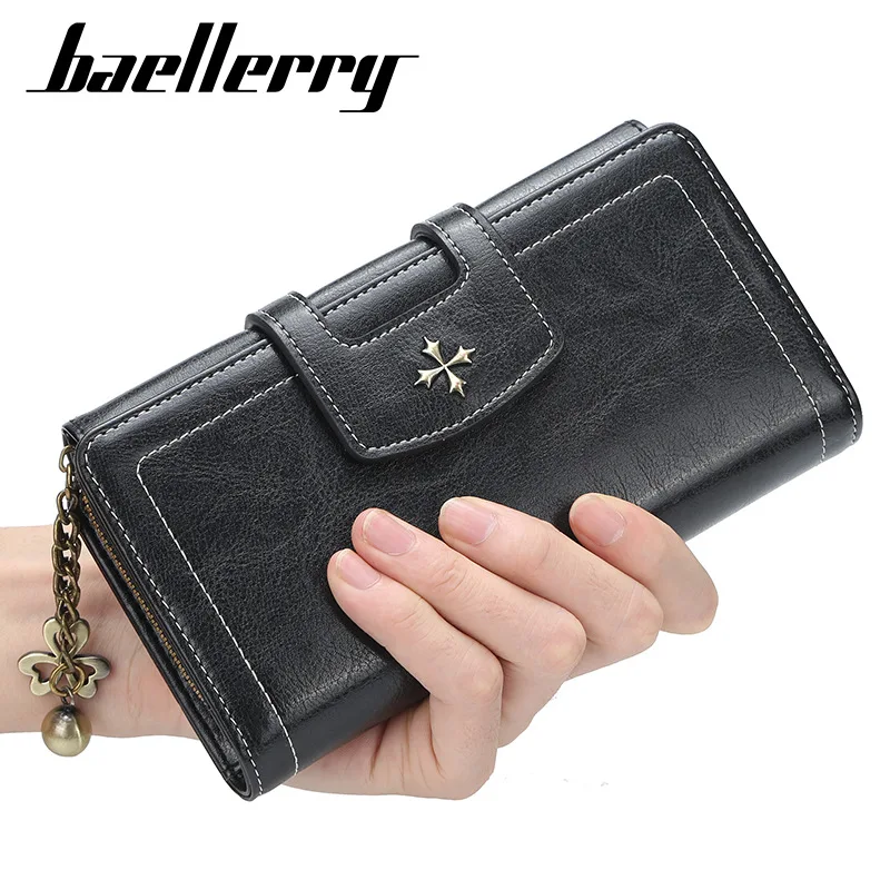 

Baellerry Oil Wax Leather Long Women Clutch Korean Version Fashion Female Wallet Buckle Zipper Multi-card Bag Photo Holder Purse