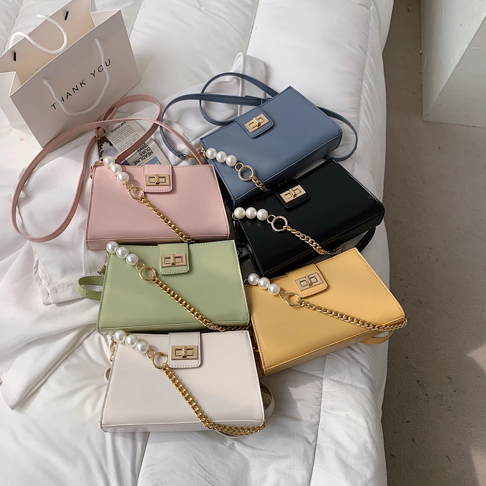 

Summer Shoulder Bag For Women Fashion Crossbody Bag Artificial Leather Simple Female Designer Small Square Bag Pearl Decoration