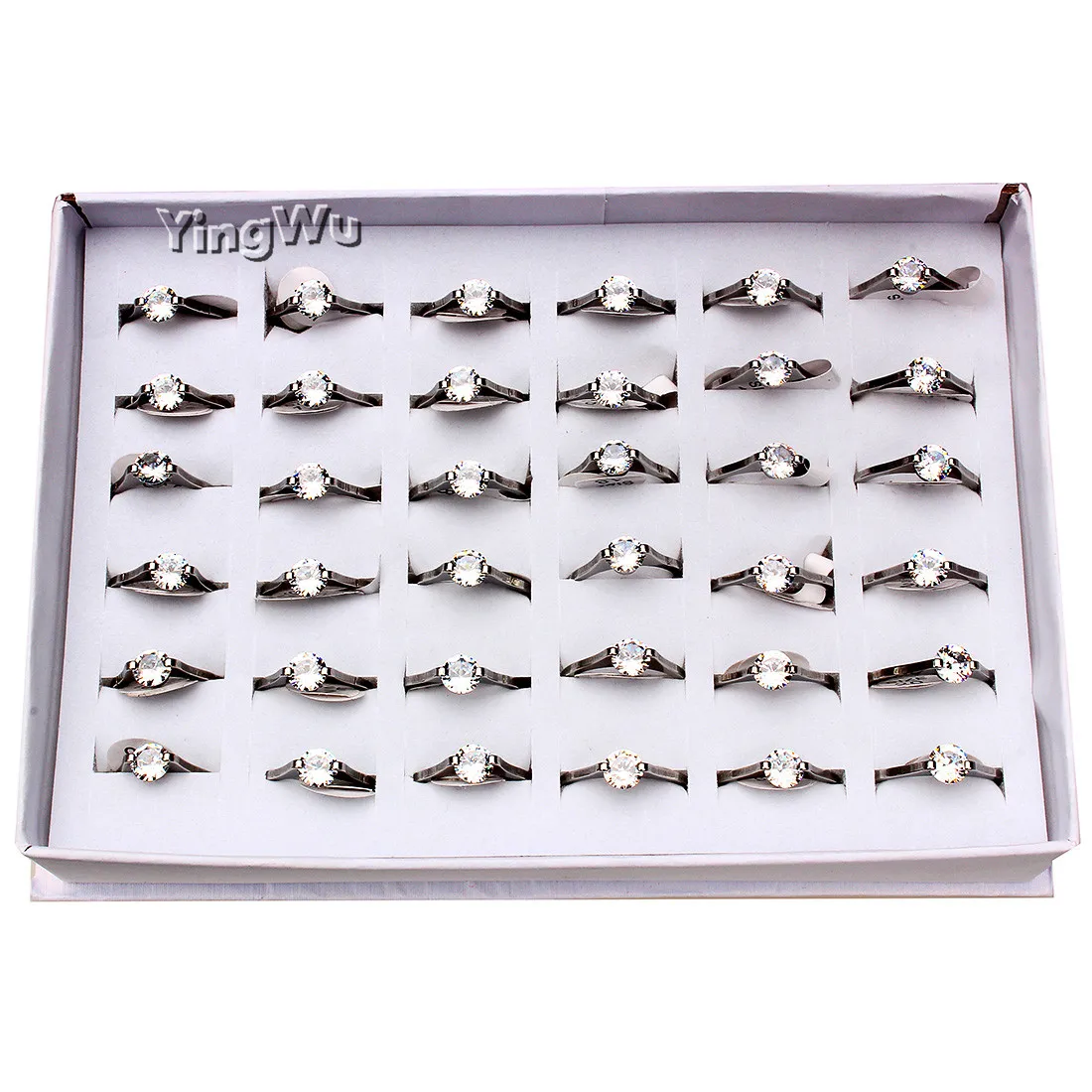 

Yingwu Wholesale Lots Stainless Steel Wedding Ring Luxury Women Rhinestone Finger Ring Silver Charm Rings Wholesale 5pcs