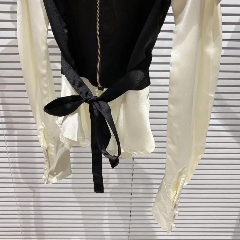 

2021 Spring Autumn Women's Blouse New Shirts Rhinestone Bow Mesh Collar Tight Waist Fake Two-Piece Elegant Shirt Top for Female