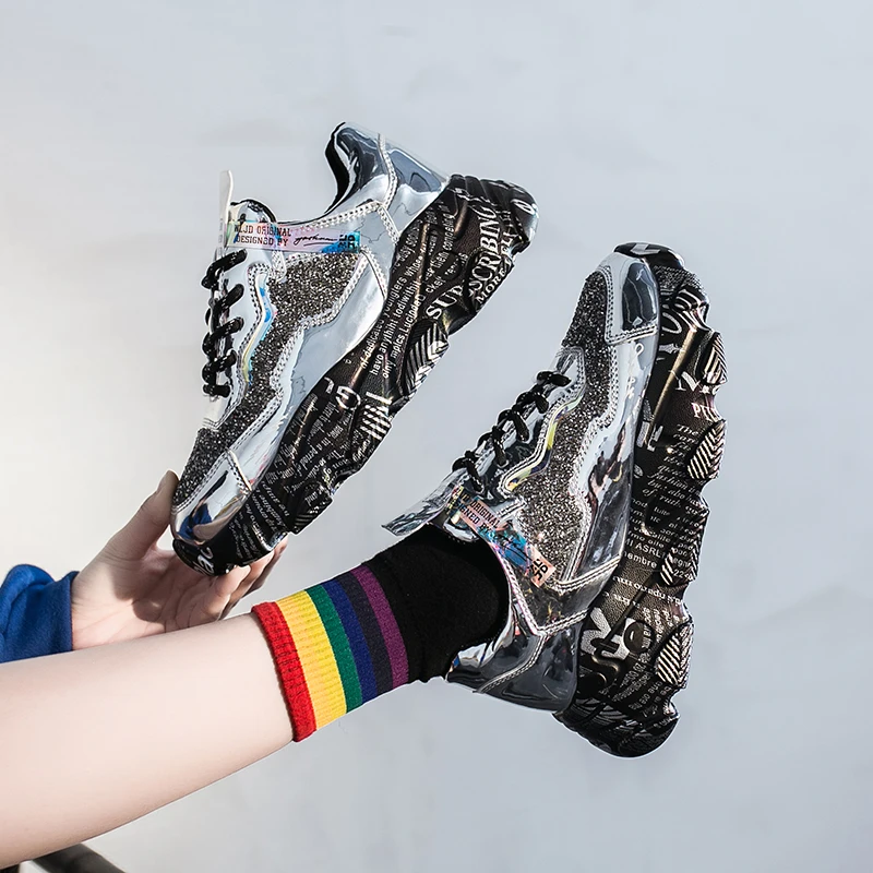 Женские кроссовки на платформе серебристые дизайнерские кожаные массивной