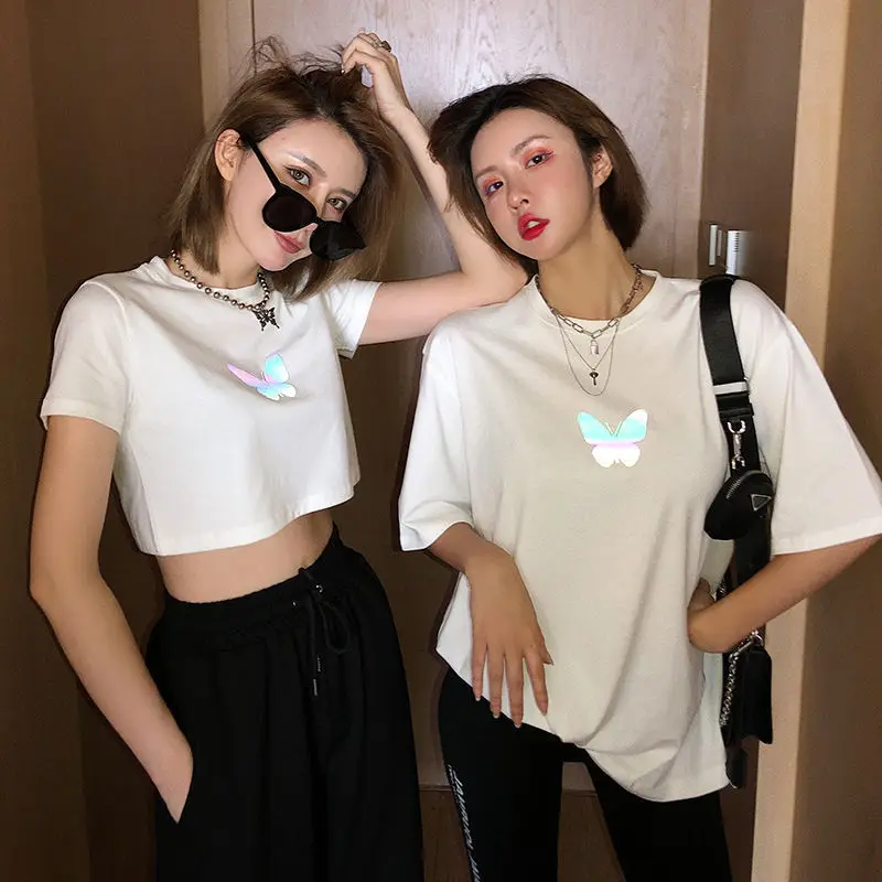 

Women Ladies Crop Top T-Shirt Short Sleeves Shiny Butterfly High Waist White Black Tees 2020 Summer Fitness Dancing Sport Casual