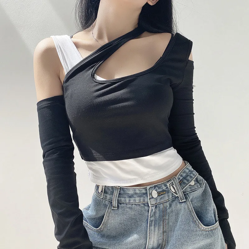 

2020 New Summer Short Tops Slim Solid Personality Asymmetrical Fashion All-match Casual Tshirts Off The Shoulder Crop Top Women