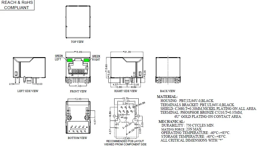 1 шт. RJ45 порт экранированный модульный магнит PCB Jack EMI светодиодный зеленый желтый