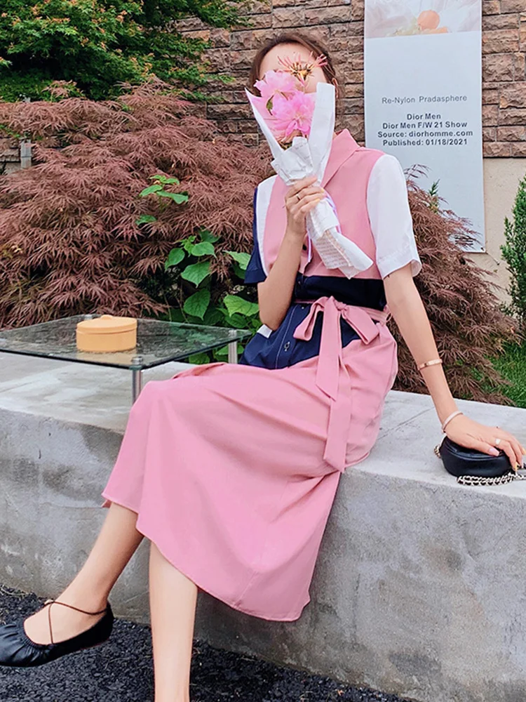 

Women's Short Sleeve A Line Shirt Dress 2021 Summer Waist Slimming Retro Long Dress Female Korean Patchwork Maxi Dress